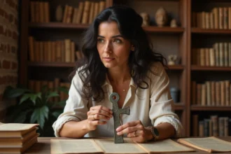 Femme tenant un pendentif croix ankh en bronze antique dans une bibliothèque, symbolisant la fascination moderne pour l'égyptologie et les symboles anciens