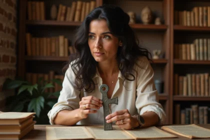 Femme tenant un pendentif croix ankh en bronze antique dans une bibliothèque, symbolisant la fascination moderne pour l'égyptologie et les symboles anciens