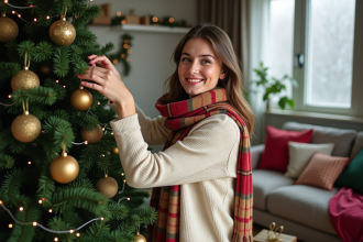 Jeune femme accrochant une boule dorée sur un sapin de Noël