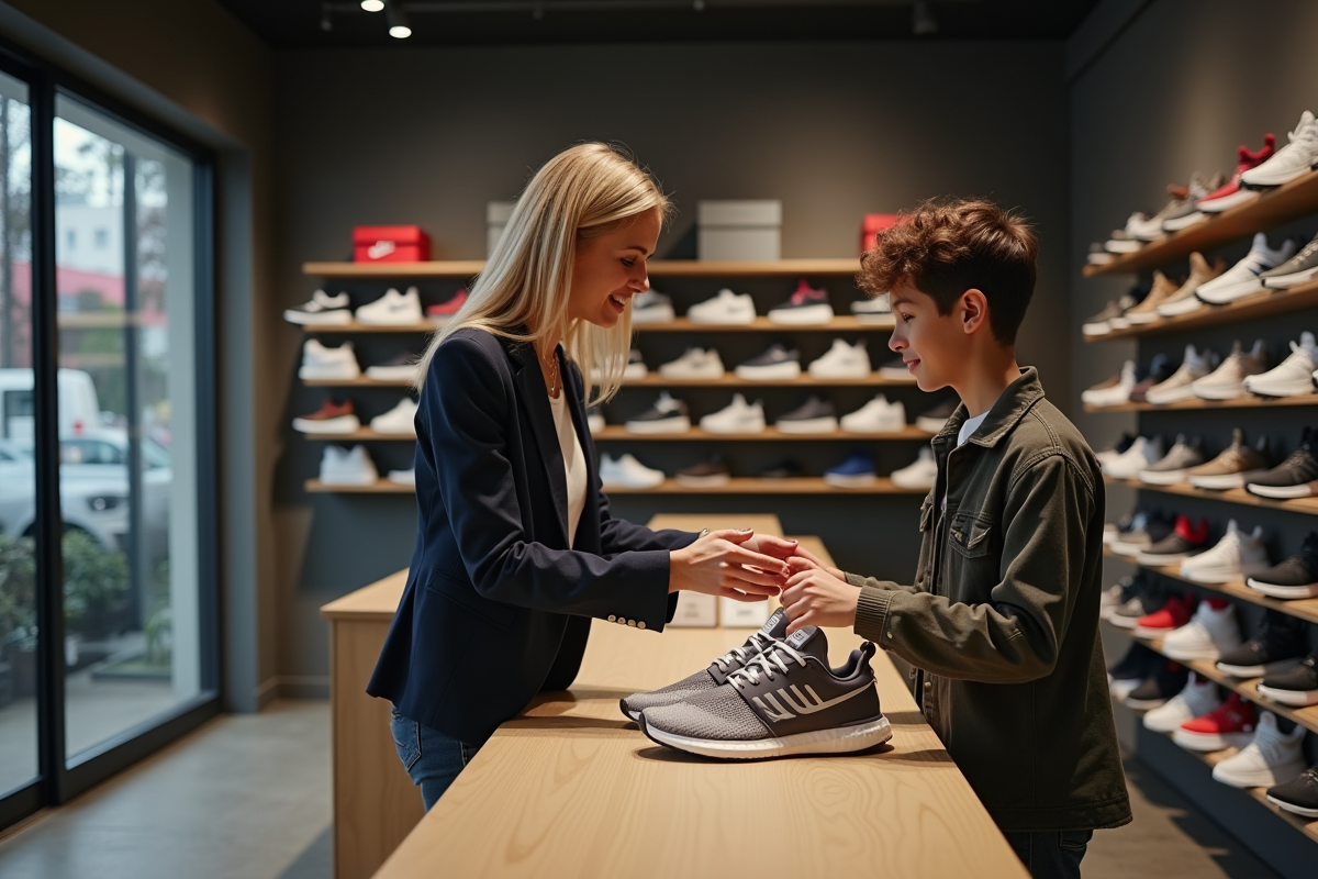 Femme et adolescent discutent sneakers dans une boutique moderne