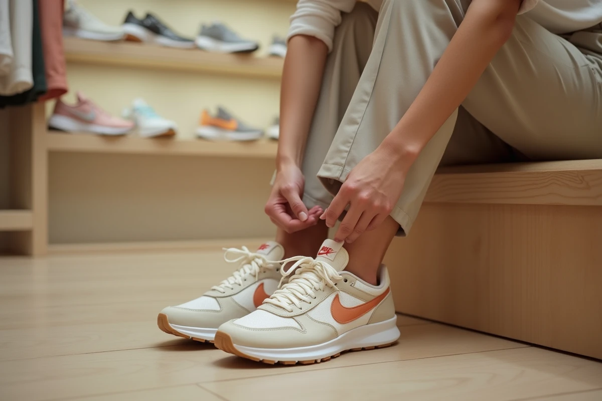 Femme essayant des Nike lifestyle 2026 dans une boutique minimaliste, chaussures pastel et blanc cassé avec détails en lacets