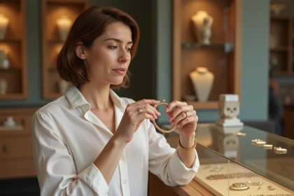 Femme examinant un bracelet en plaqué or dans une boutique de bijoux, repérant des signes de mauvaise qualité