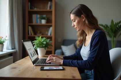 Femme assise à son bureau à domicile utilisant un ordinateur portable
