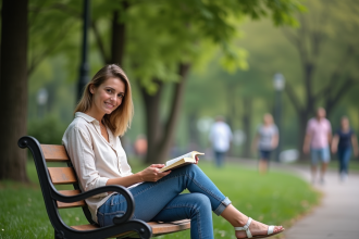 Femme lisant dans un parc verdoyant en été
