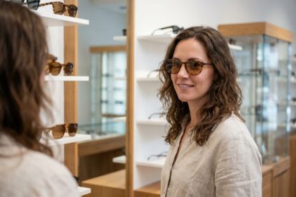 Femme essayant des lunettes de soleil correctrices montures écaille dans une boutique d'optique moderne
