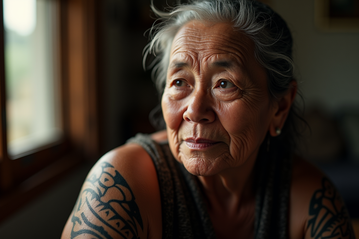 Femme Maori agee avec tatouage traditionnel sur le bras