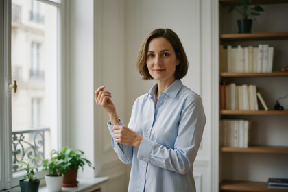 Femme élégante ajustant sa manche dans un appartement parisien