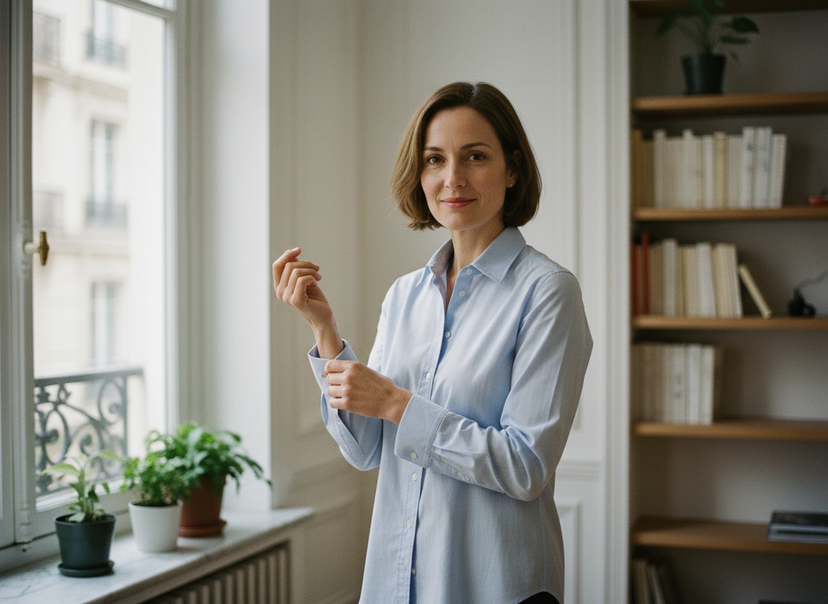 Femme élégante ajustant sa manche dans un appartement parisien