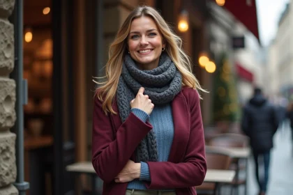 Femme élégante en hiver à Paris avec manteau bordeaux