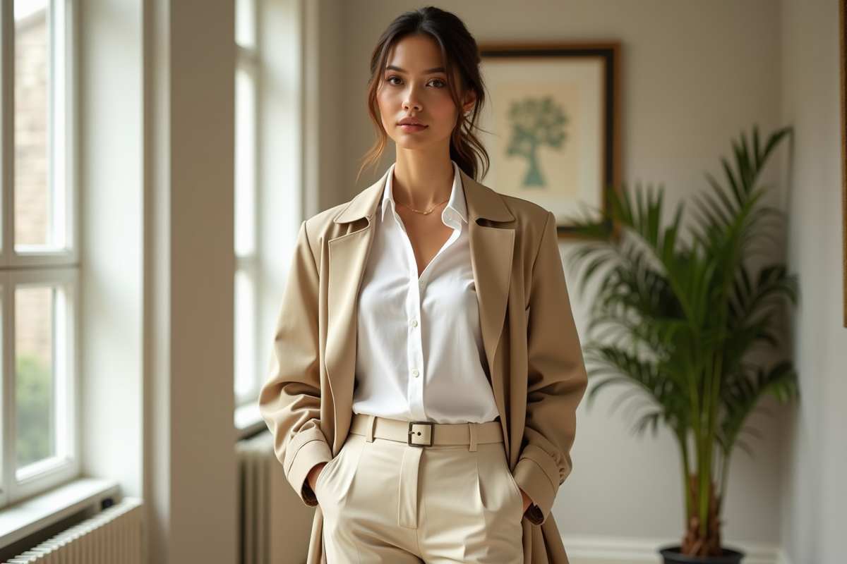 Femme chic en tenue Ralph Lauren dans une pièce lumineuse