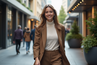 Femme élégante en blazer dans une ville dynamique