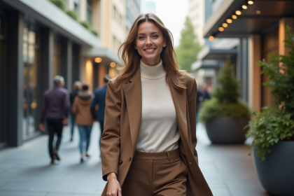 Femme élégante en blazer dans une ville dynamique