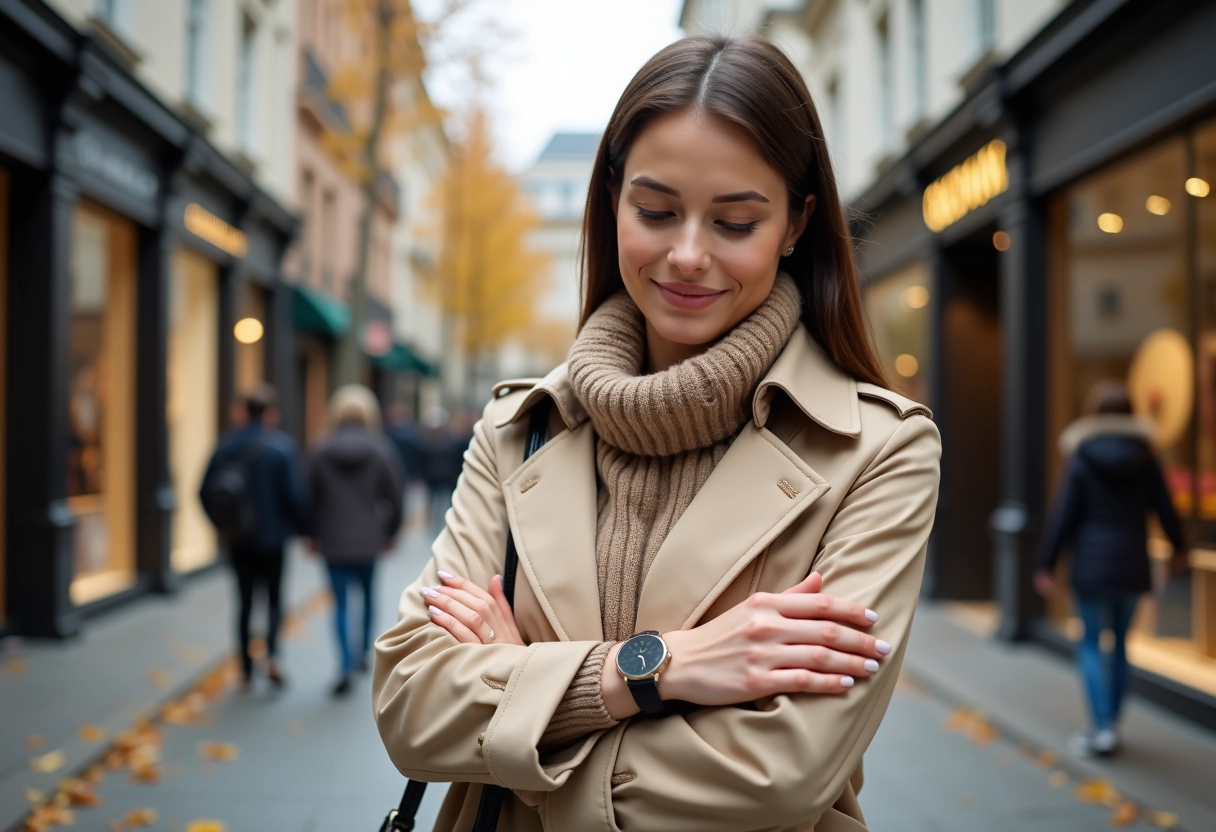 Jeune femme regardant sa montre dans une rue chic en automne