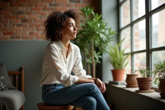 Femme aux cheveux bouclés dans un loft lumineux