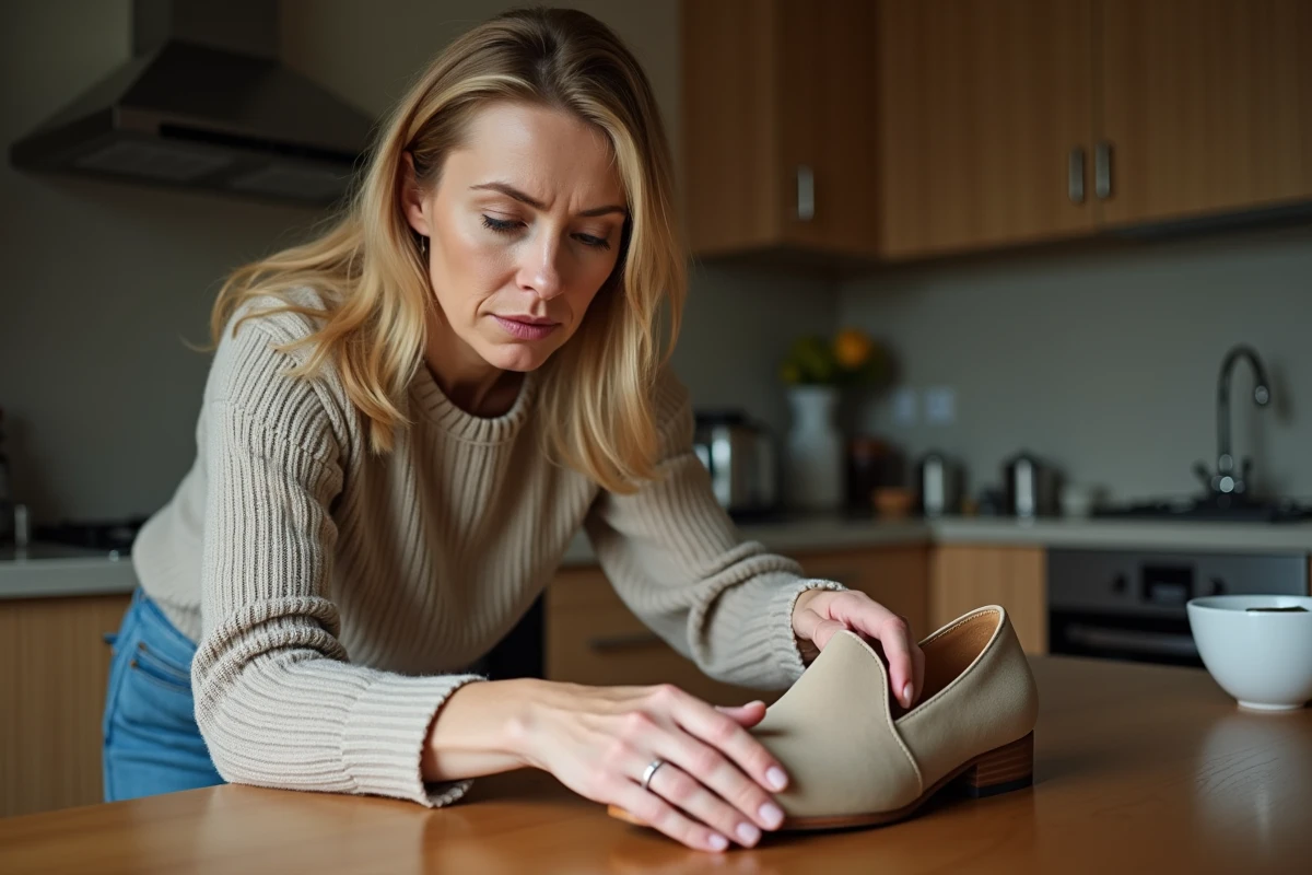 Femme nettoyant une chaussure en daim beige dans la cuisine