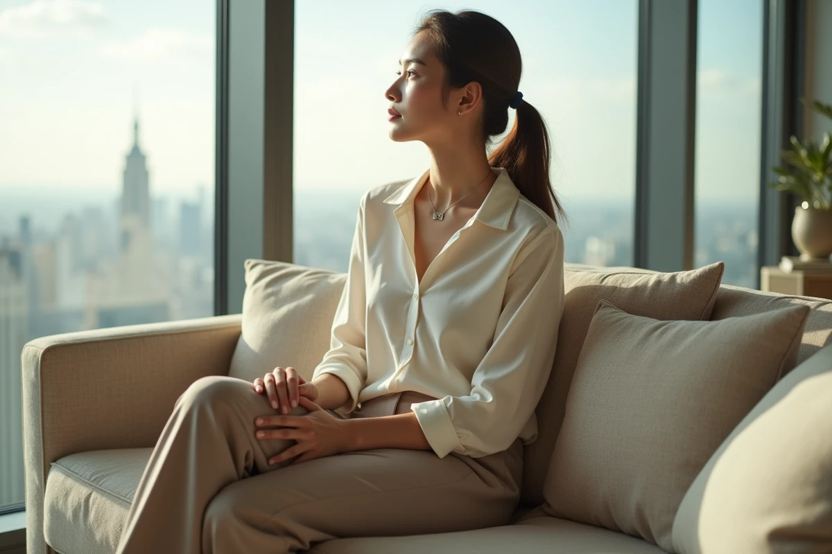 Femme assise dans un penthouse portant un pantalon de luxe