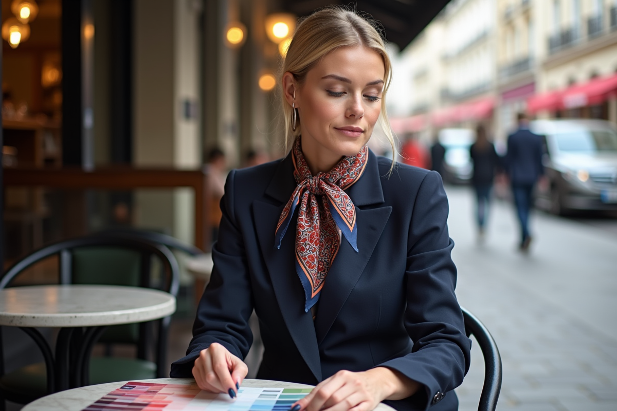 Femme blonde en blazer et foulard dans un café parisien