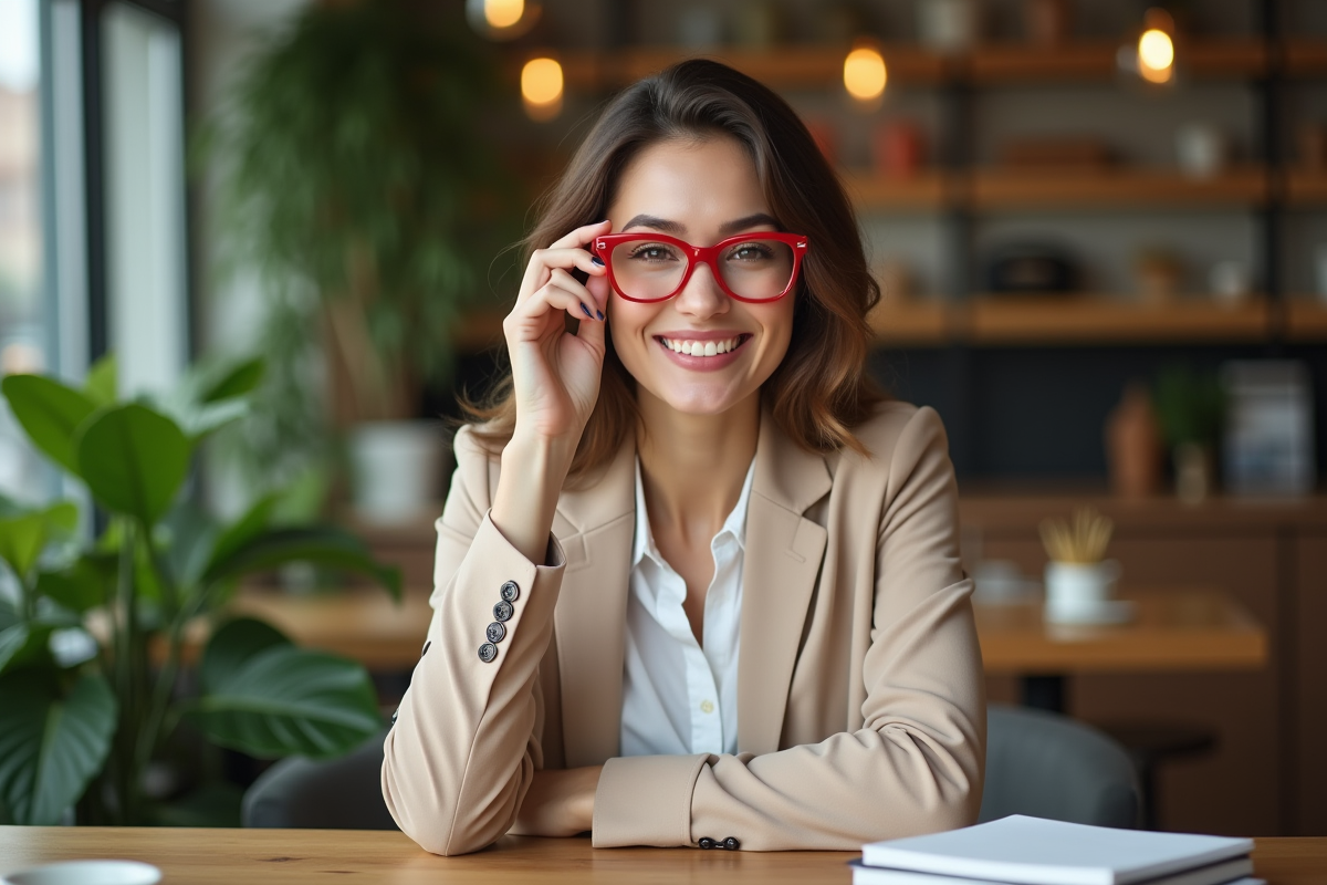Femme élégante ajustant ses lunettes rouges dans un café