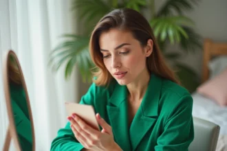 Femme en robe verte appliquant du rouge à lèvres dans un miroir
