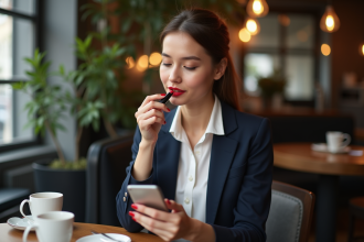 Femme appliquant rouge à lèvres dans un café chic