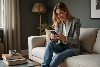 Femme détendue sur un canapé moderne en blazer et jeans