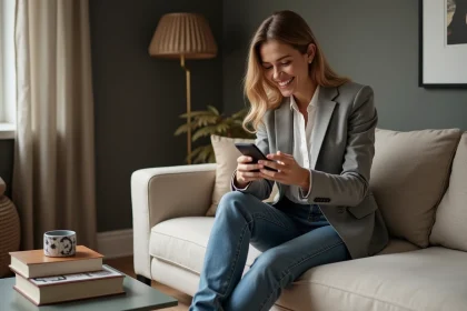 Femme détendue sur un canapé moderne en blazer et jeans