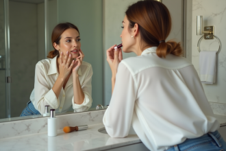 Jeune femme se refaisant le maquillage dans un miroir