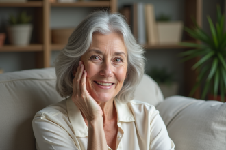 Femme âgée souriante dans un salon calme et naturel