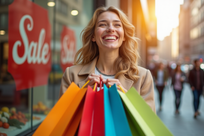 Femme heureuse avec sacs de shopping colorés devant vitrine en solde