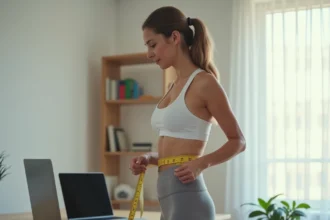 Femme mesurant sa taille avec un mètre ruban devant un ordinateur portable pour créer sa silhouette 3D en ligne à domicile