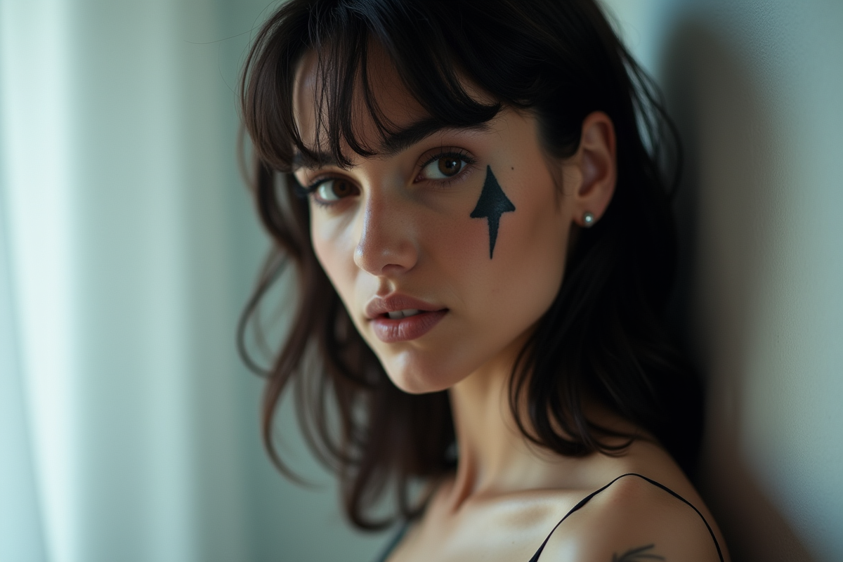 Femme avec tatouage en forme de larme près de l