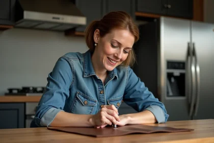 Femme utilisant un outil pour percer du cuir brun sur une table en bois
