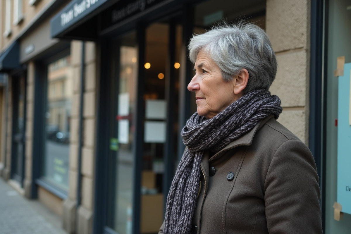 Femme d'âge moyen devant une boutique fermée en ville