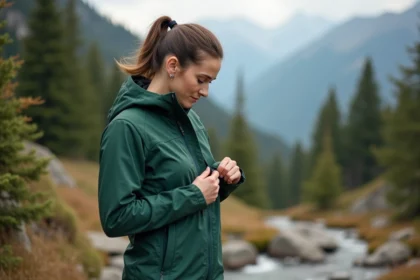 Femme en veste softshell outdoor verte inspectant la qualité des coutures sur un sentier de montagne