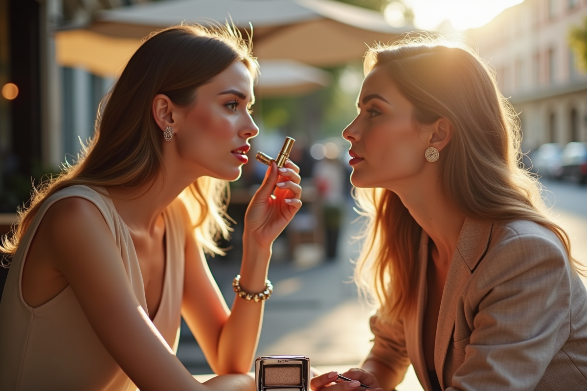 deux femmes appliquant du maquillage en terrasse de café