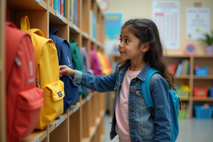 Jeune fille de 10 ans choisissant un sac coloré à l'école