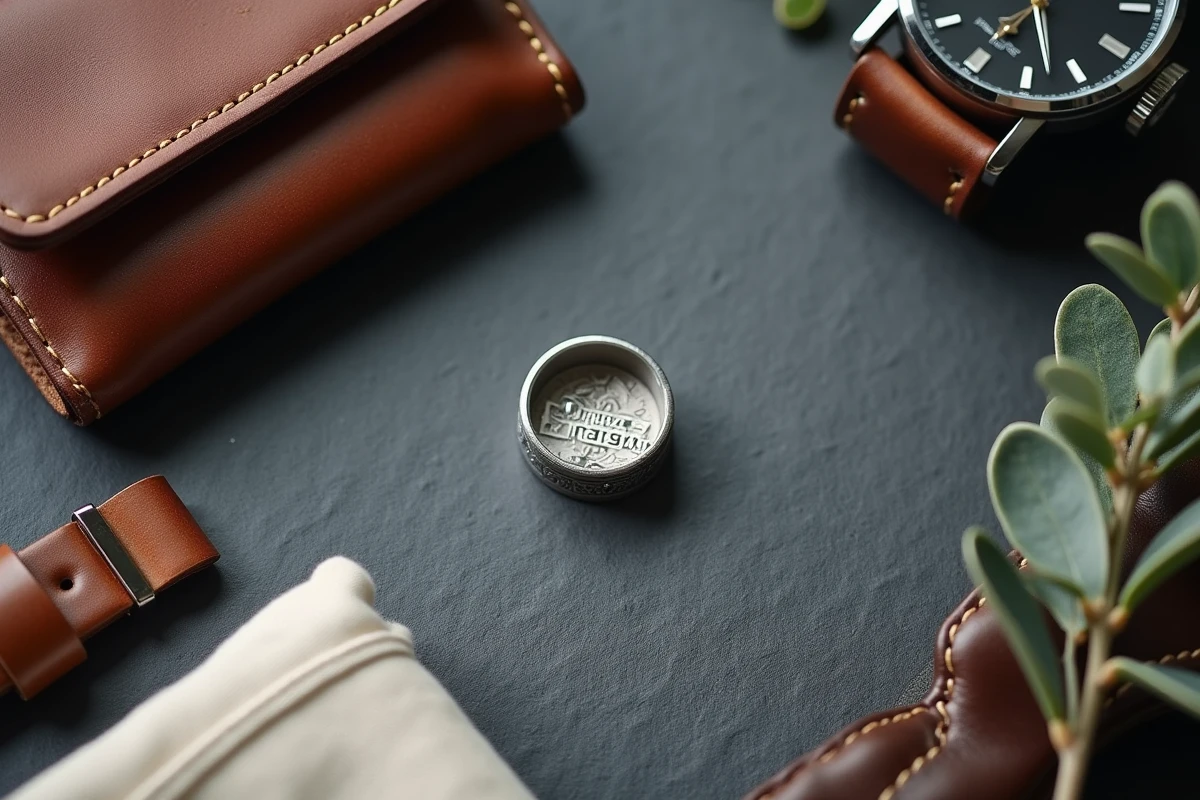 Flat lay élégant avec chevalière en argent massif pour homme, accessoires lifestyle en cuir et lin sur ardoise grise, style magazine haut de gamme