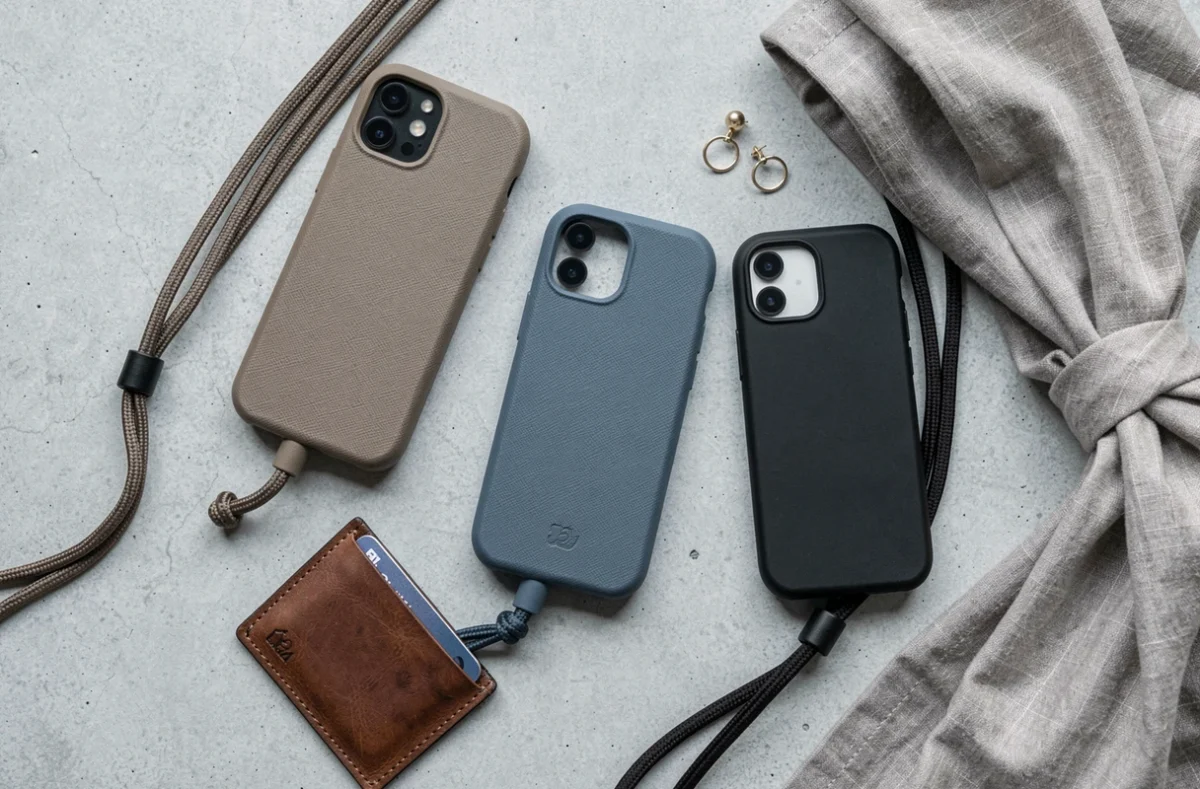 Flat lay de plusieurs coques de téléphone avec cordons discrets et accessoires urbains chics