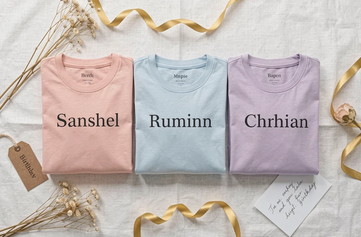 Flat lay de trois pyjamas personnalisés pliés en coloris pastel avec prénoms imprimés, entourés d'accessoires cadeaux pour anniversaire sur fond de lin blanc