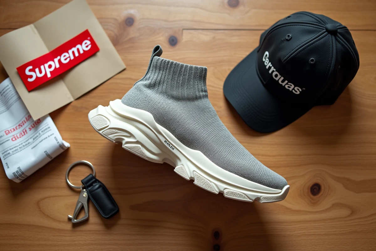 Flat-lay de sneakers Balenciaga avec accessoires streetwear sur bois brut, illustration du luxe streetwear contemporain