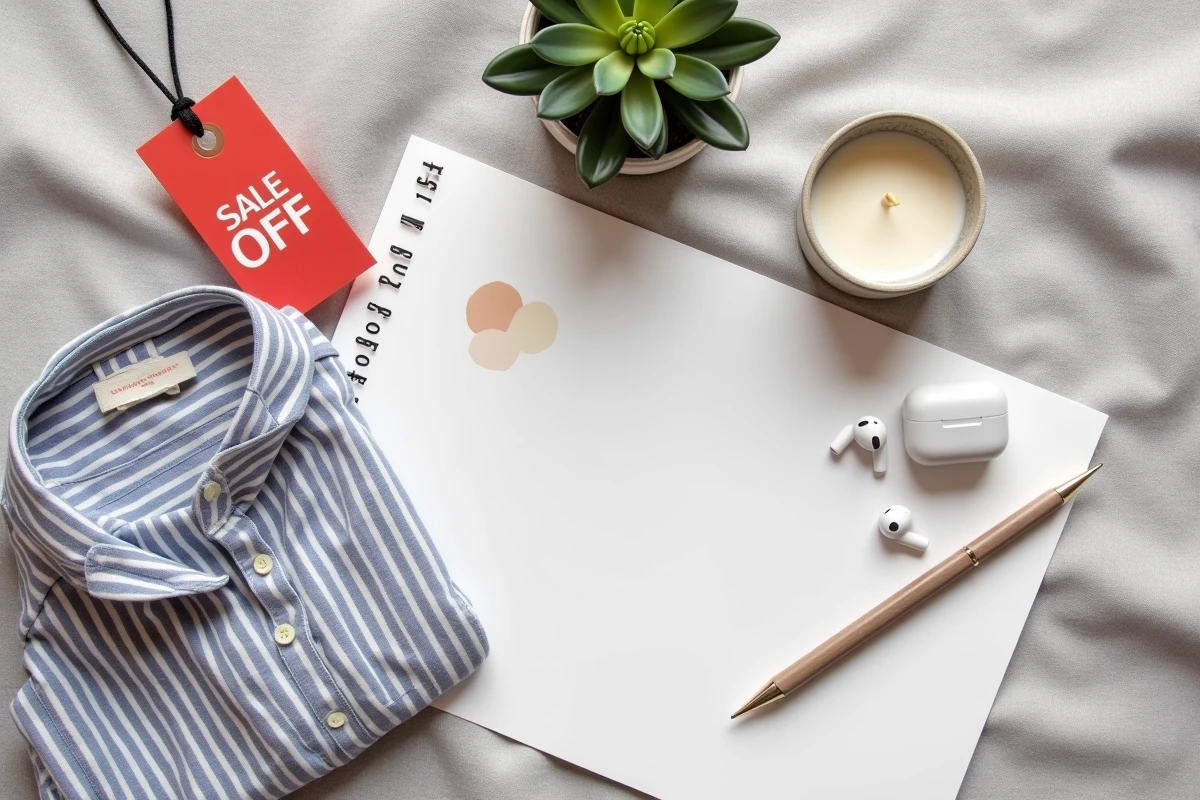 Flat-lay de produits soldés mode déco high-tech pour la deuxième démarque des soldes 2026