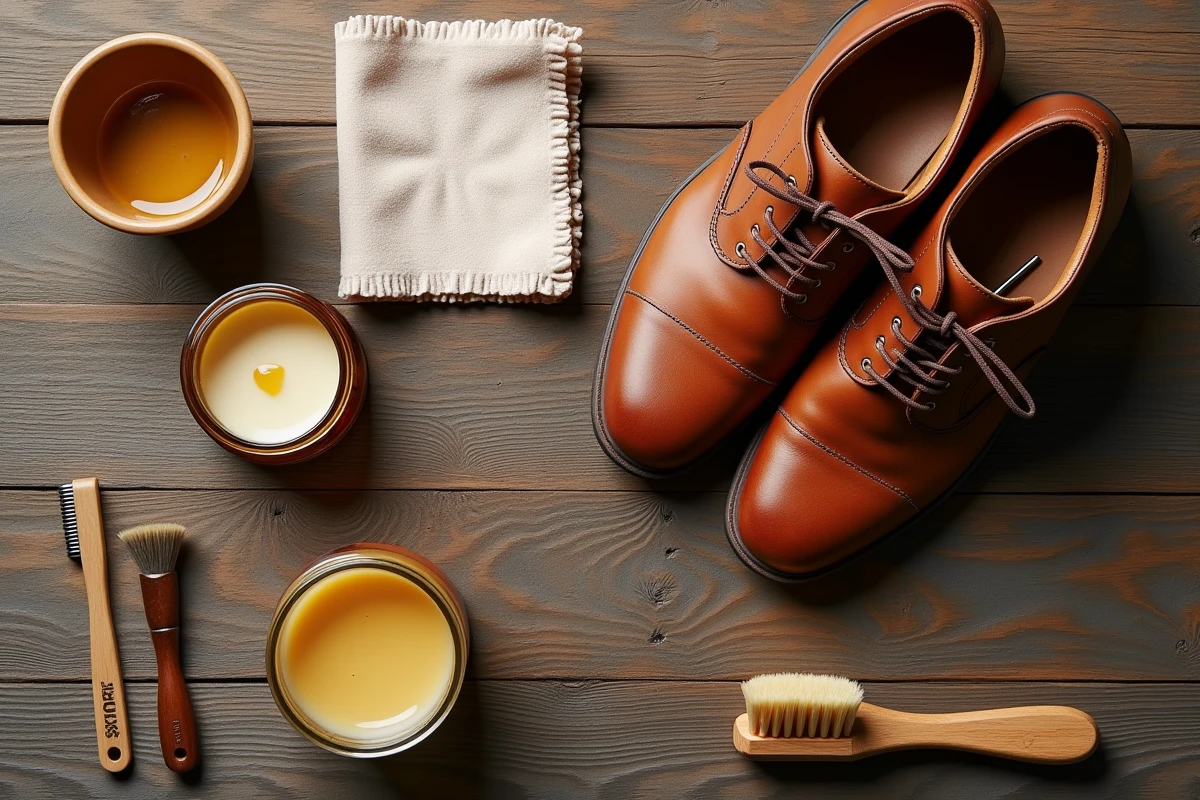 Vue de dessus du matériel nécessaire pour cirer des sneakers en cuir avec ciré naturel brosse et chiffon microfibre