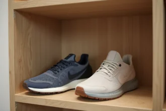 Formes à chaussures en cèdre insérées dans des sneakers rares exposées sur des étagères en bois minimalistes pour préserver leur forme originale