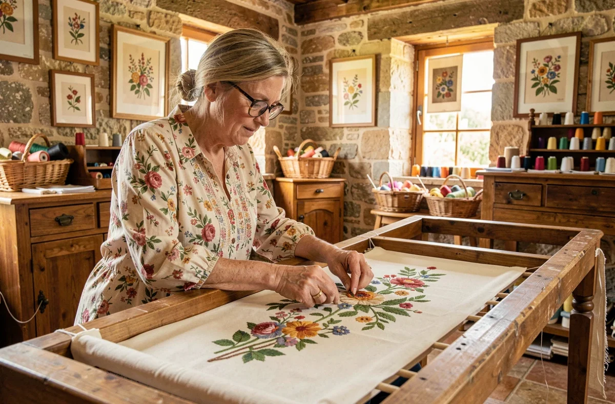 Artisane de Fortes Élégantes et Broderies Montoirines travaillant sur une broderie sur métier en Loire-Atlantique