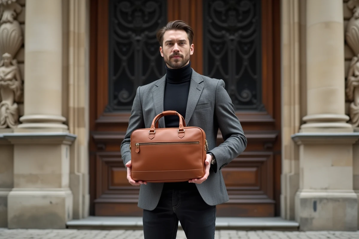 Homme élégant en col roulé gris tenant une grande sacoche en cuir cognac devant une façade haussmannienne parisienne