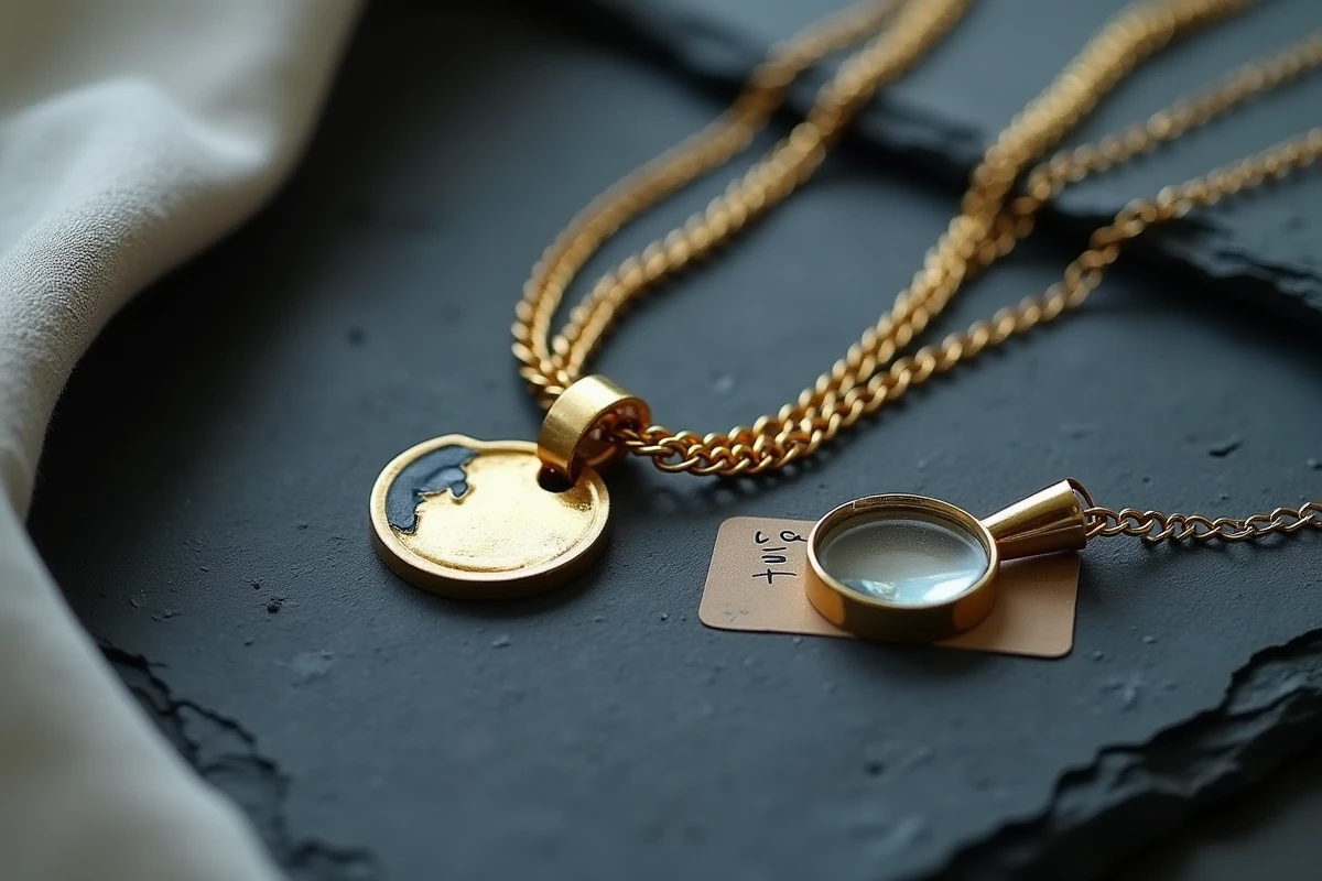 Gros plan sur un collier en plaqué or avec écaillage et décoloration, signes révélateurs d'une mauvaise qualité