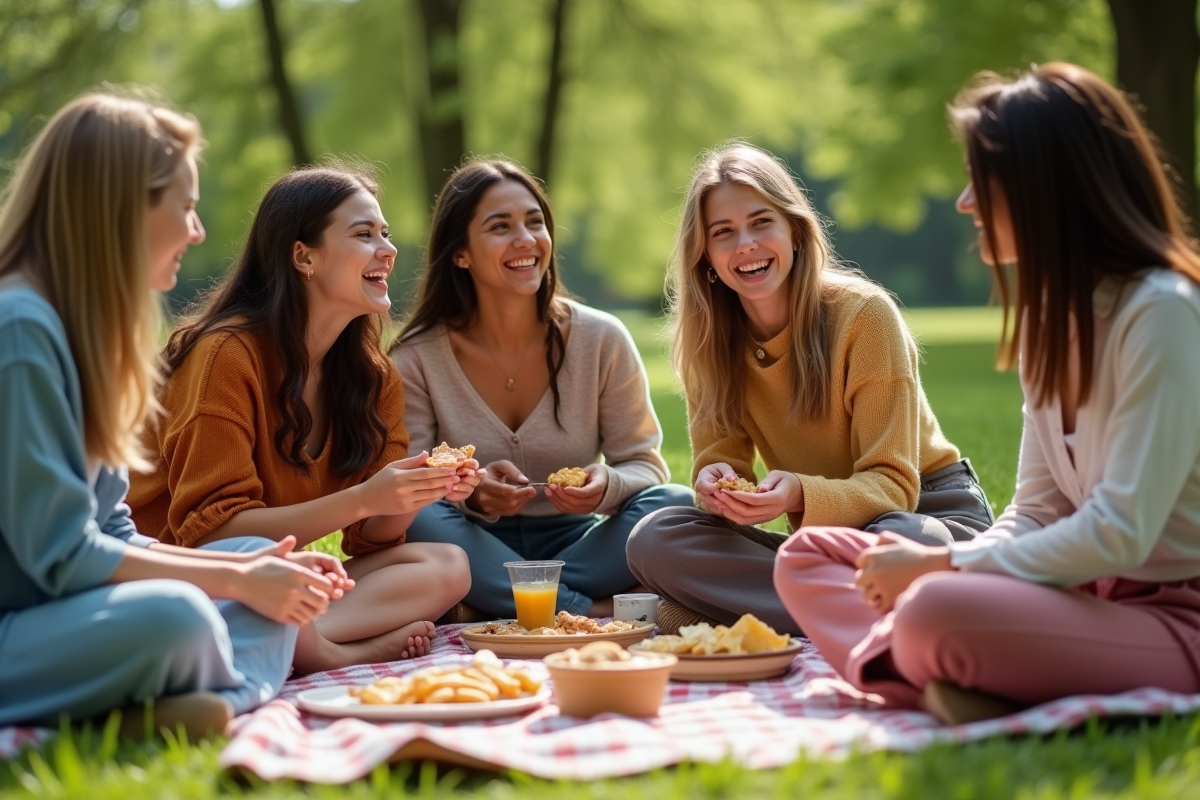 Groupe d amis au pique nique dans un parc ensoleille