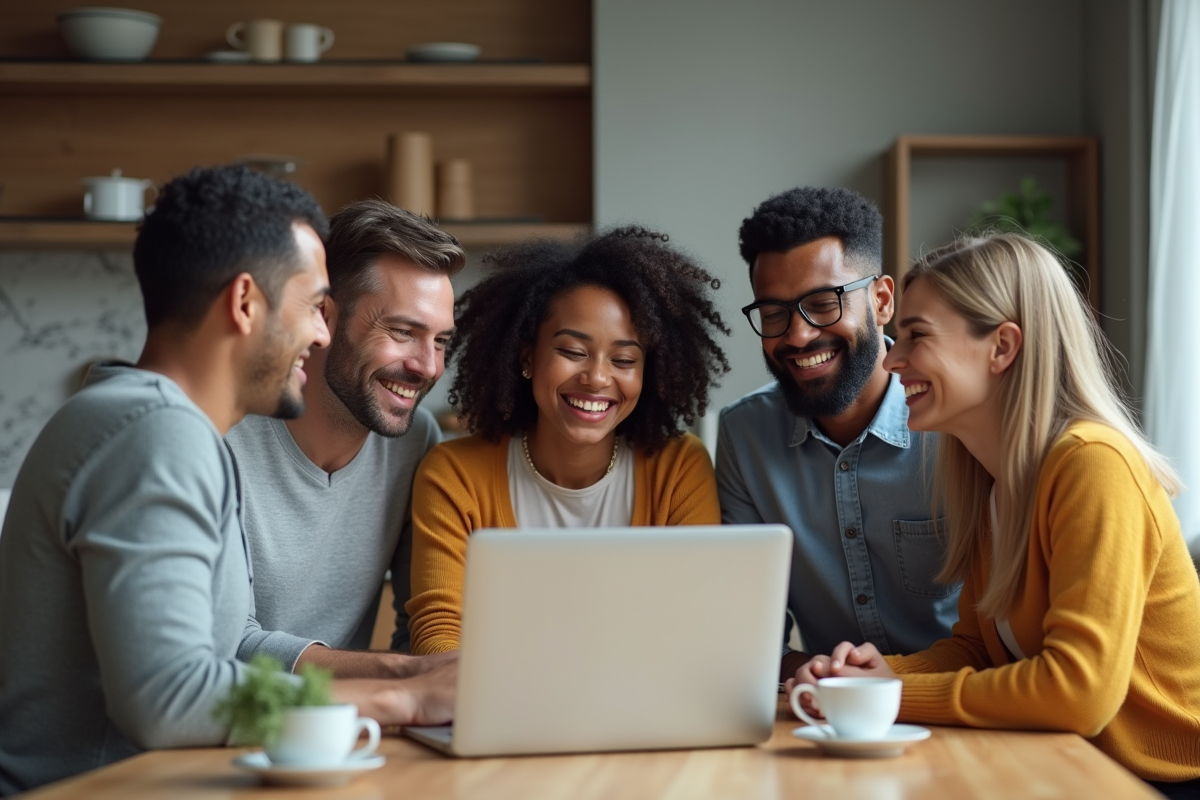 Groupe divers discutant autour d’un ordinateur dans une cuisine