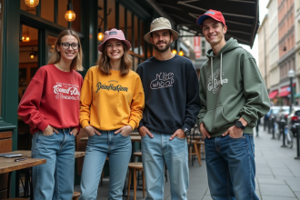 Quatre jeunes Gen Z devant un café urbain dynamique