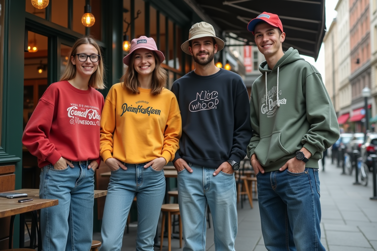 Quatre jeunes Gen Z devant un café urbain dynamique